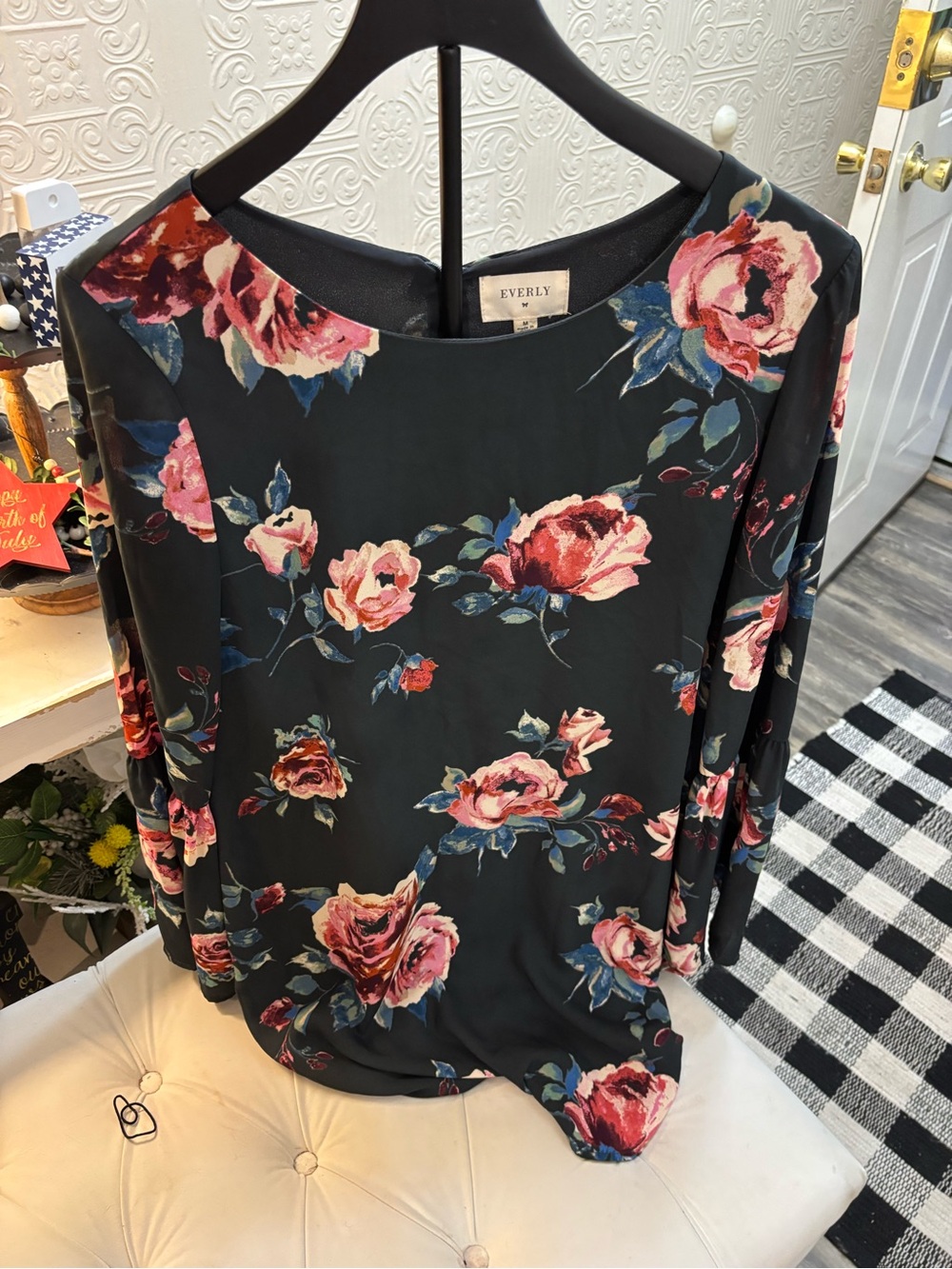 Everly Black Floral Dress with Pink Roses